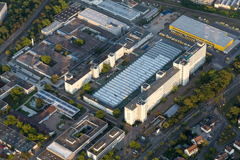 Aerial photograpy of Building and production halls on the premises Siemens in the district Knielingen in Karlsruhe in the state Baden-Wurttemberg, Germany