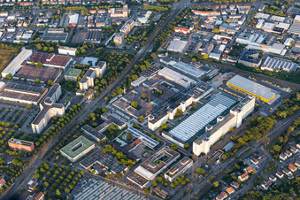 Oblique view of Building and production halls on the premises Siemens in the district Knielingen in Karlsruhe in the state Baden-Wurttemberg, Germany