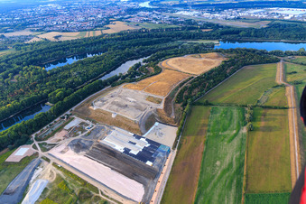 Oblique view of BASF landfill on the island of Flotzgrün in the district Berghausen in Römerberg in the state Rhineland-Palatinate, Germany