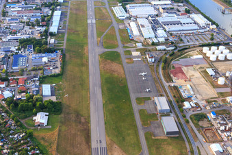 Aerial view of Runway of the FSL Airport Speyer/Ludwigshafen in Speyer in the state Rhineland-Palatinate, Germany
