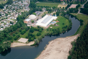 Aerial view of Sandy beach areas on the Badesee Moby Dick in Ruelzheim in the state Rhineland-Palatinate, Germany