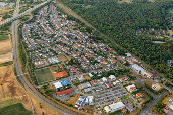 Aerial photograpy of Hirschacker district in Schwetzingen in the state Baden-Wuerttemberg, Germany