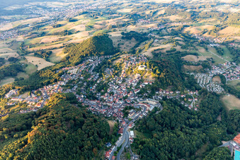 Location view of the streets and houses of residential areas in the valley landscape surrounded by mountains in Lindenfels in the state Hesse, Germany