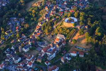 Spa gardens and civic tower under the castle Lindenfels in Lindenfels in the state Hesse, Germany