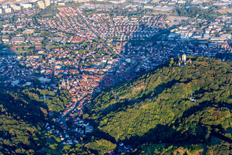 Location view of the streets and houses of residential areas in the valley landscape surrounded by mountains in Heppenheim (Bergstrasse) in the state Hesse, Germany