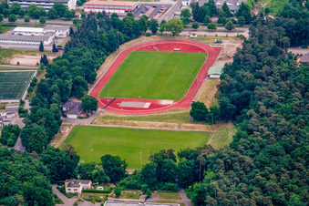 Aerial photograpy of Football stadium of SV Rülzheim 1920 eV in Rülzheim in the state Rhineland-Palatinate, Germany