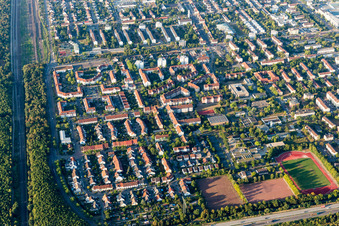 District Schönau in Mannheim in the state Baden-Wuerttemberg, Germany from the plane