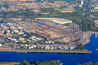 Gate 15 with freight station and industrial port on the Rhine in the district BASF in Ludwigshafen am Rhein in the state Rhineland-Palatinate, Germany