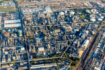 Aerial view of Building and production halls on the premises of the chemical manufacturers BASF in Ludwigshafen am Rhein in the state Rhineland-Palatinate, Germany