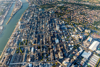 Building and production halls on the premises of the chemical manufacturers BASF between Rhine river and Friesenheim in Ludwigshafen am Rhein in the state Rhineland-Palatinate, Germany