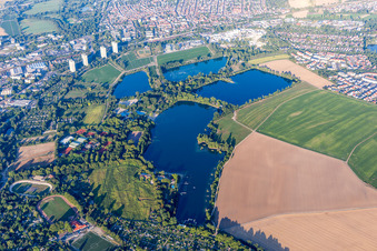 City view of the downtown area on the shore areas of Freibad on Willersinnweiher in the district Friesenheim in Ludwigshafen am Rhein in the state Rhineland-Palatinate, Germany