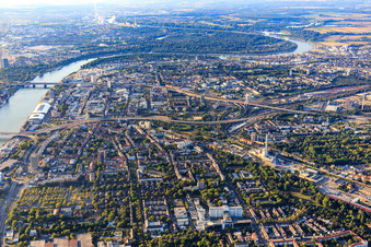 City view with both elevated roads on the Rhine from the north in the district Hemshof in Ludwigshafen am Rhein in the state Rhineland-Palatinate, Germany
