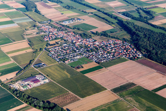 Aerial view of Village - view on the edge of agricultural fields and farmland in Freisbach in the state Rhineland-Palatinate, Germany