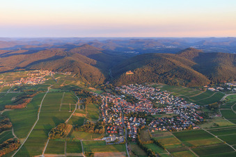 Aerial view of View of the village on the edge of the Haardt in the morning from the southwest in Klingenmünster in the state Rhineland-Palatinate, Germany