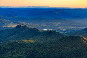 Castle trio from the south: Trifels, Jungturm and Scharfenberg castle ruins in Leinsweiler in the state Rhineland-Palatinate, Germany