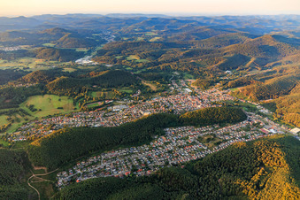 Aerial view of City view in the Palatinate Forest in the morning from the northeast in Dahn in the state Rhineland-Palatinate, Germany
