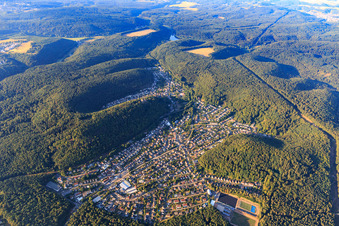 Overview of the Palatinate Forest in the morning from the north in the district Hohenecken in Kaiserslautern in the state Rhineland-Palatinate, Germany