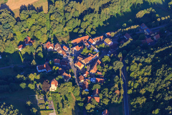 Aerial view of Protestant Church Rathskirchen - Protestant Congregation in the Old World in Rathskirchen in the state Rhineland-Palatinate, Germany
