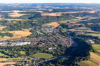 Location view of the streets and houses of residential areas in the Glan valley landscape surrounded by hills in Meisenheim in the state Rhineland-Palatinate, Germany