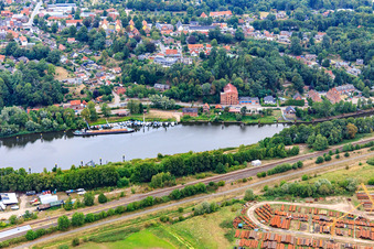 Boat dock on the Elbe of the WSC Lauenburg and DTM -Dan Tobacco Manufacturing GmbH in Lauenburg in the state Schleswig Holstein, Germany