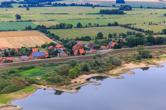 Aerial view of Village view from the southwest on the Elbe dike in the district Stiepelse in Amt Neuhaus in the state Lower Saxony, Germany
