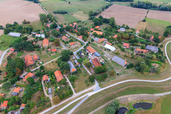 Village view from the west on the Elbe dike in the district Neu Garge in Amt Neuhaus in the state Lower Saxony, Germany