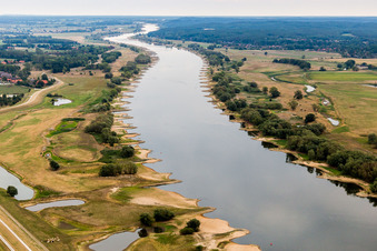 Shore areas exposed by low-water level riverbed of the River Elbe in Neu Darchau in the state Lower Saxony, Germany