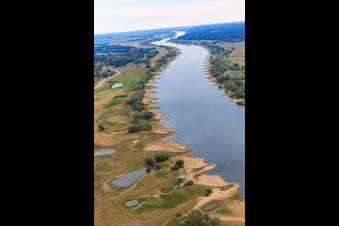 Aerial view of Course of the Elbe from the east with many groynes in the district Konau in Amt Neuhaus in the state Lower Saxony, Germany