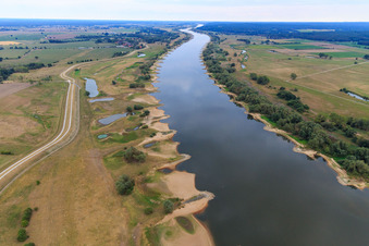 Oblique view of Course of the Elbe from the east with many groynes in the district Konau in Amt Neuhaus in the state Lower Saxony, Germany