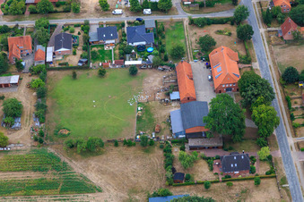 Goose meadow on Dorfstraße and MOLDA Evolution GmbH in the district Radenbeck in Thomasburg in the state Lower Saxony, Germany