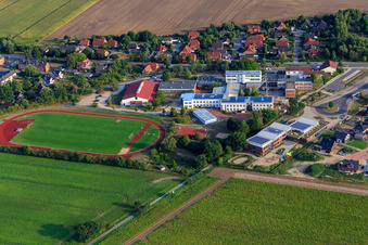 Aerial view of Sports field, sports hall of the IGS Embsen in Embsen in the state Lower Saxony, Germany