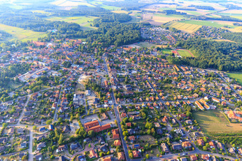 Aerial view of Bahnhofstr from the south in Ebstorf in the state Lower Saxony, Germany