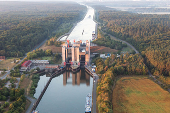 Aerial photograpy of Boat lift and locks plants on the banks of the waterway of the Elbe side channel in Scharnebeck in the state Lower Saxony, Germany