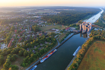 Boat lift and locks plants on the banks of the waterway of the Elbe side channel in Scharnebeck in the state Lower Saxony, Germany seen from above
