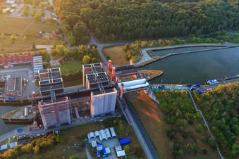 Boat lift and locks plants on the banks of the waterway of the Elbe side channel in Scharnebeck in the state Lower Saxony, Germany viewn from the air