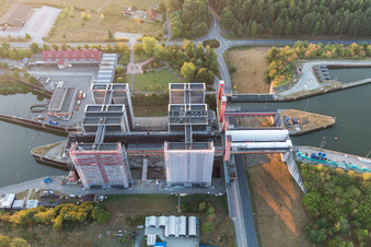 Drone recording of Boat lift and locks plants on the banks of the waterway of the Elbe side channel in Scharnebeck in the state Lower Saxony, Germany