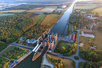 Drone image of Boat lift and locks plants on the banks of the waterway of the Elbe side channel in Scharnebeck in the state Lower Saxony, Germany