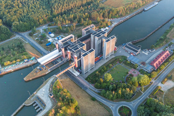 Boat lift and locks plants on the banks of the waterway of the Elbe side channel in Scharnebeck in the state Lower Saxony, Germany from a drone