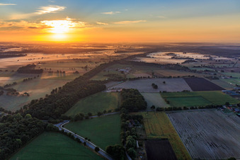Aerial view of Fields and forests of the Lüneburg Heath in Scharnebeck in the state Lower Saxony, Germany
