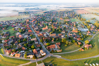 Aerial view of Village on the river bank areas of the River Elbe in Artlenburg in the state Lower Saxony, Germany