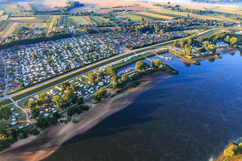 Aerial view of Port and campsite Stover Strand on both sides of the Elbe dam in the district Stove in Drage in the state Lower Saxony, Germany