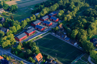 Aerial view of Red apartment buildings on the Sülzbrack and the SCVM sports field in the district Kirchwerder in Hamburg in the state Hamburg, Germany