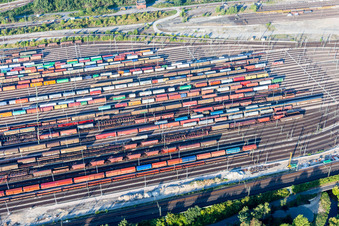 Marshalling yard and freight station Maschen of the Deutsche Bahn in the district Maschen in Seevetal in the state Lower Saxony, Germany seen from above