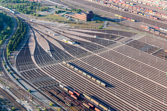 Marshalling yard and freight station Maschen of the Deutsche Bahn in the district Maschen in Seevetal in the state Lower Saxony, Germany from the plane