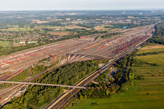 Drone image of Marshalling yard and freight station Maschen of the Deutsche Bahn in the district Maschen in Seevetal in the state Lower Saxony, Germany