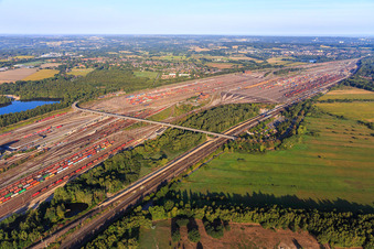 Marshalling yard and freight station Maschen of the Deutsche Bahn in the district Maschen in Seevetal in the state Lower Saxony, Germany from the drone perspective