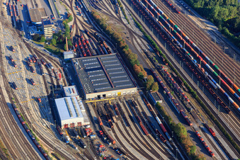 Aerial photograpy of Marshalling yard and freight station Maschen of the Deutsche Bahn in the district Maschen in Seevetal in the state Lower Saxony, Germany