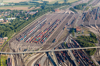 Oblique view of Marshalling yard and freight station Maschen of the Deutsche Bahn in the district Maschen in Seevetal in the state Lower Saxony, Germany
