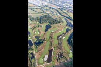 Grounds of the Golf course at Green Eagle Golf Courses in Winsen (Luhe) in the state Lower Saxony, Germany from the plane