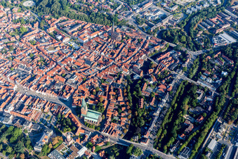 Aerial view of Church building in of St. Johannis in Old Town- center of downtown in Lueneburg in the state Lower Saxony, Germany